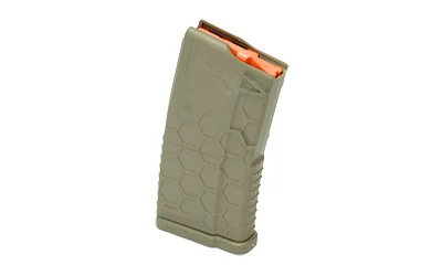 HEXMAG SHRTY 10/20 AR15, flat dark earth angled side view with hex pattern and orange follower