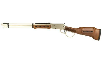 DERYA RAN 45C, nickel-finish lever-action firearm in side view with brown wood stock