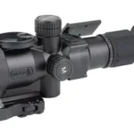 INFITAC IOL25 Thermal Rifle Sight, black sight in side view with mount, turrets and eyecup
