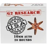 G2 Research Civic Duty 10MM 122GR ammunition, white box front view with copper bullet graphic