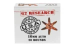 G2 Research Civic Duty 10MM 122GR ammunition, white box front view with copper bullet graphic