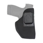 DESANTIS SUPER STEALTH P365 AMBI BLK, black holster front view with belt clip and gray pistol outline