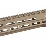 Geissele Super Mod MK8 MLOK DDC tan handguard, angled side view with top rail and mounting slots