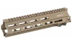 Geissele Super Mod MK8 MLOK DDC tan handguard, angled side view with top rail and mounting slots