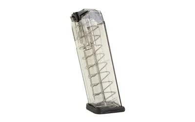 primary-19466 Elite Tactical Systems Group ETS MAG FOR GLK 17/19 9MM 10RD CLR, clear angled view with black base