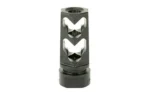 Fortis Muzzle Brake, black cylindrical brake with silver angular side ports, upright view