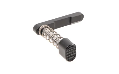 primary-19531 FORTIS MAG CATCH & BUTTON COMBO BLK, angled view with black lever, textured button and silver spring