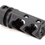FORTIS MUZZLE BRAKE 556 BLK black angled view with large side ports and threaded opening