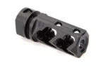 FORTIS MUZZLE BRAKE 556 BLK black angled view with large side ports and threaded opening