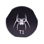 SPIKE'S ST-T1 TUNGSTEN HEAVY BUFFER, black end view with white spider and T1 markings