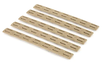 Bravo Company BCM Gunfighter KMOD Rail Panels, five FDE slotted panels in angled top view
