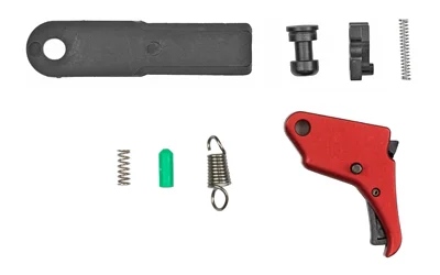 APEX Red Shield Action Enhancement Trigger, red trigger and black components laid out