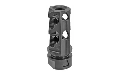primary-19634 FORTIS 300BLK MUZZLE BRAKE black, upright angled view with multiple ports and cutouts