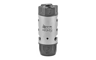 ODIN 5.56 ATLAS COMPENSATOR silver and black front view with rows of side ports