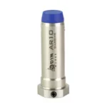 ODIN ADJUSTABLE BUFFER AR10 silver buffer with blue cap, upright front view