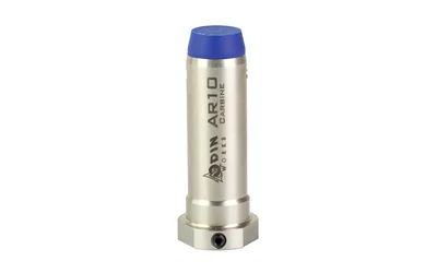 ODIN ADJUSTABLE BUFFER AR10 silver buffer with blue cap, upright front view