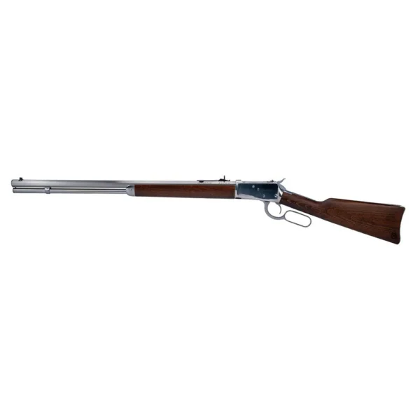 Heritage 92 Lever Action Rifle, side view with polished metal barrel and brown wood stock