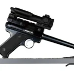 GSS BACK OVER HANDGUN HANGERS 2PK black hanger supporting a scoped handgun, right-side view