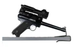 GSS BACK OVER HANDGUN HANGERS 2PK black hanger supporting a scoped handgun, right-side view