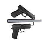 GSS Over Under Handgun Hangers 2PK, gray offset hangers holding two black pistols, side view