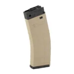 Tippmann M4-22 25 Rnd FDE magazine, front-right view with curved tan body and black top