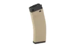 Tippmann M4-22 25 Rnd FDE magazine, front-right view with curved tan body and black top