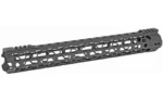 ODIN 15.5-inch MLOK O2 LT FREE FLT RAIL, black angled side view with top rail and cutouts