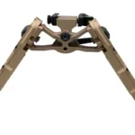 Accu-Tac WB-4 ARCA Bipod FDE front view with spread legs, mount and rubber feet