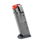 Grand Power Handgun Magazine, gray angled side view with orange follower and black baseplate