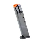 Grand Power Handgun Magazine, long gray angled side view with orange follower and black baseplate