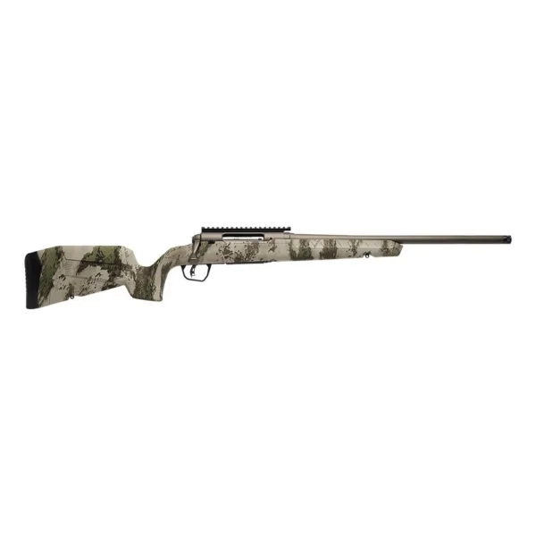 Savage Arms Axis 2 Pro Rifle, right-side view with woodland camo stock and black barrel