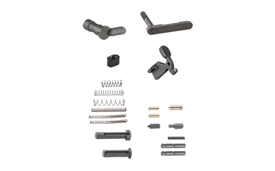 Luth-AR Lower Parts Kit Builder, top view of assorted black and metallic pins, springs and controls