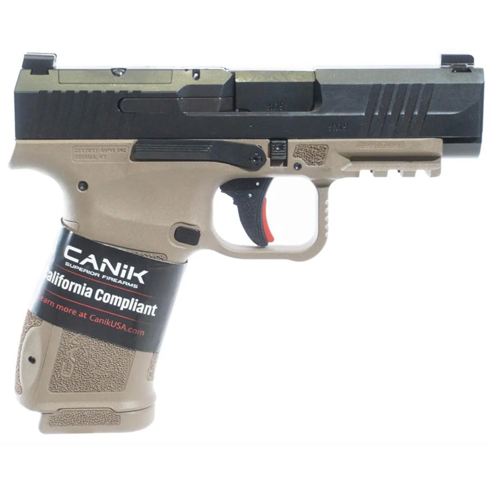 primary-2001 Century Arms Canik Mete MC9 LS, black and FDE handgun in left-side view with magazine