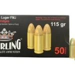 STERLING 9MM 115GR FMJ BRASS 50/1500, black box with brass cartridges beside it