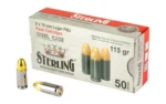 Sterling 9MM 115GR FMJ Steel 50/1000, white and red box with three loose cartridges