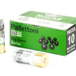 STERLING 12GA 2.75 00BK green and white ammunition box with two shells, angled front view