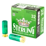 STERLING EXCLSV 12GA 2.75 #4 green ammunition box with two green shells, angled front view