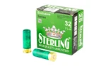 STERLING EXCLSV 12GA 2.75 #4 green ammunition box with two green shells, angled front view