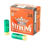 STERLING EXCLSV orange box in three-quarter front view with two green shells