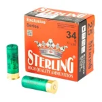 STERLING EXCLSV orange box in three-quarter front view with two green shells