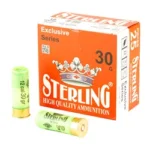 Sterling Exclusive 12GA #6, orange and white ammunition box with two green and yellow shells