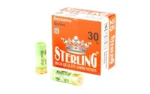 Sterling Exclusive 12GA #6, orange and white ammunition box with two green and yellow shells