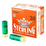 Sterling Exclusive 12GA #8, orange and white ammunition box with two green shells