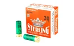 Sterling Exclusive 12GA #8, orange and white ammunition box with two green shells