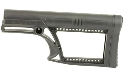 Luth-AR MBA-2 Skullaton Rifle Stock black, left-side view with open frame and adjustment holes