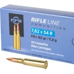 Prvi Partizan PPU blue ammunition box with three brass cartridges, front view