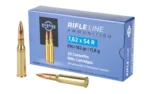 Prvi Partizan PPU blue ammunition box with three brass cartridges, front view