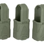 Magpul Original 9mm Subgun 3-pack, front view of three olive drab magazine pull tabs