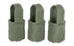 Magpul Original 9mm Subgun 3-pack, front view of three olive drab magazine pull tabs