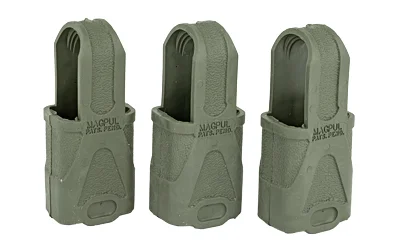 primary-20156 Magpul Original 9mm Subgun 3-pack, front view of three olive drab magazine pull tabs
